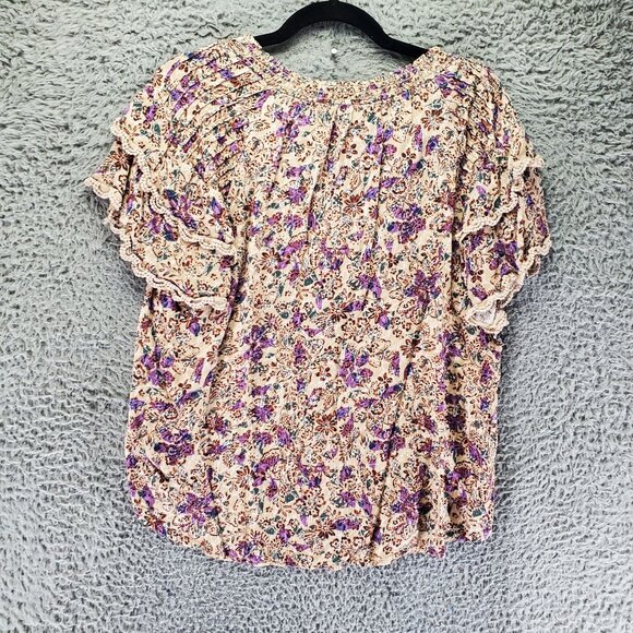 Democracy Top Womens XL Multicolor Floral Short Sleeve Smocked Lightweight Boho - Picture 8 of 9